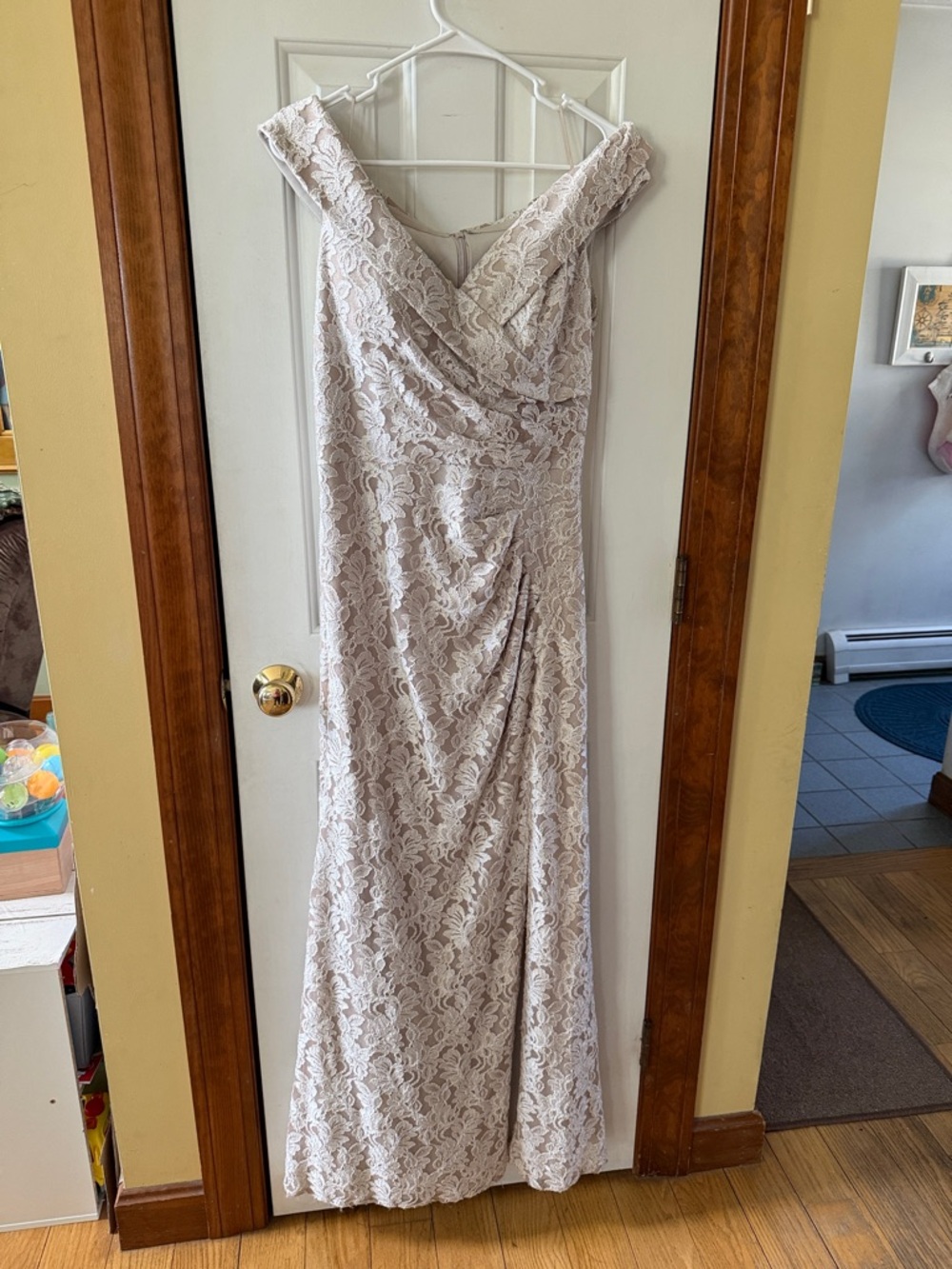 Alex Evenings Lace Off-Shoulder Maxi Dress in Light Beige